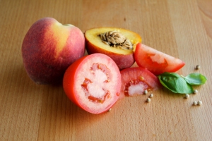Tomatoes are loaded with vitamins (C, A and K to name a few), but some studies have shown that their anti-inflammatory properties can help protect against degenerative diseases like osteoperosis and Alzheimer's disease. And peaches boast a number of antioxidents. Fun fact: Fuzzy peaches are a member of the rose family.