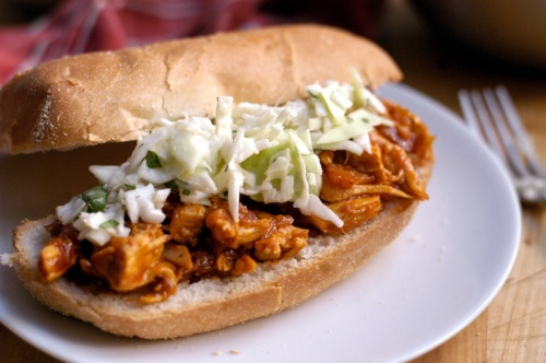 Barbecue pulled chicken sandwich with slaw