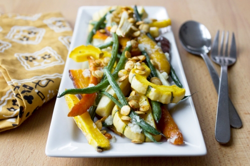 Delicata squash, carrots and green beans with roasted garlic sauce